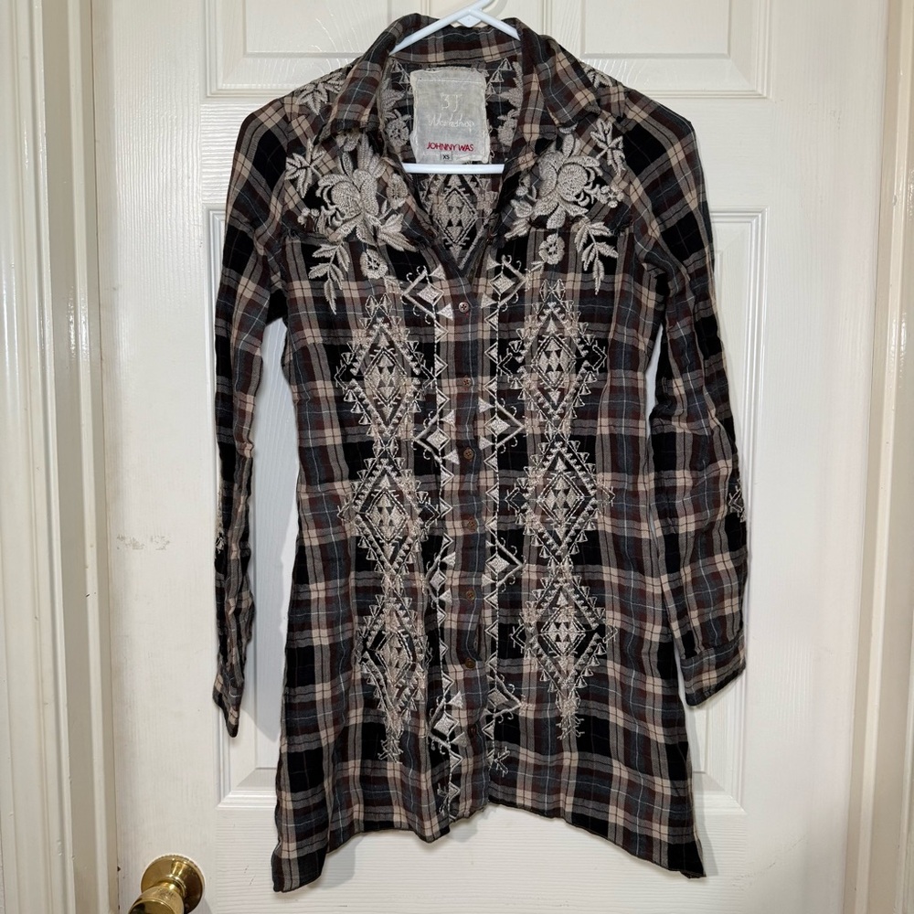Johnny Was 3J Workshop Plaid Embroidered Button-Down Tunic Shirt Size XS